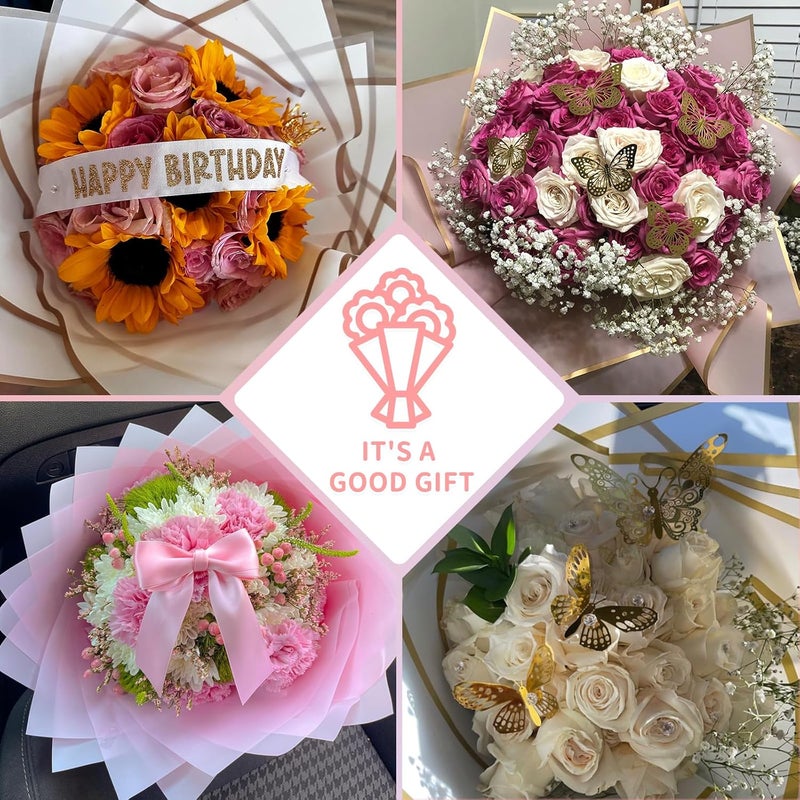Besuper 52Pcs Flower Bouquet Wrapping Paper Kit, 20 Sheets White Waterproof Floral Wrapping Paper, 1 Letter 1 Rhinestone Sticker, 12 Gold 12 Pink Butterflies, 5 Cards, 1 White Ribbon (Gold Edge) - Image 4